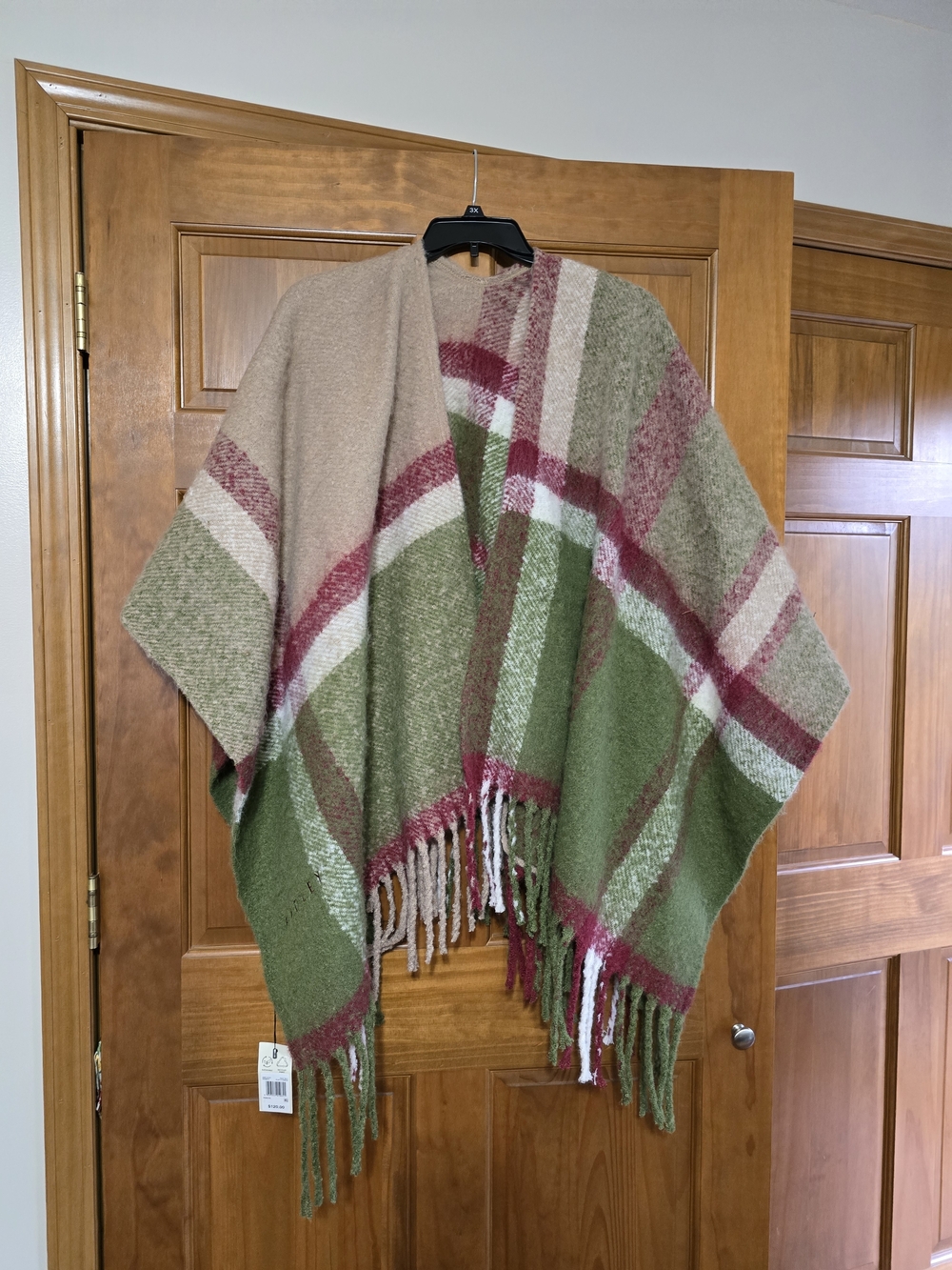 RADLEY LONDON Green, Beige and Burgundy Plaid Fringe Poncho
